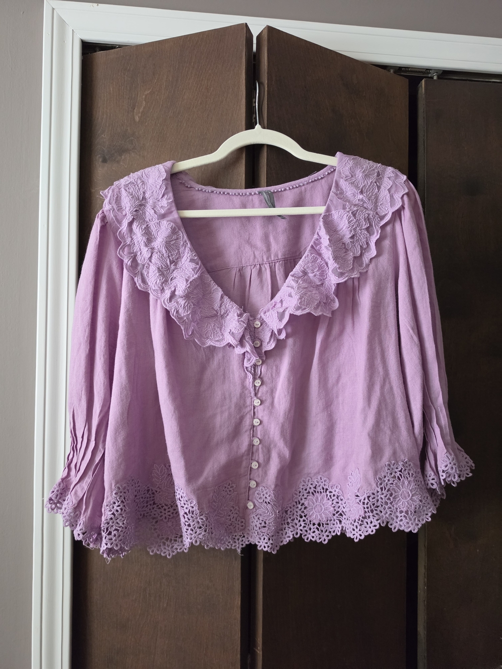 Anthropologie Lavender Lace-Trim Button Blouse